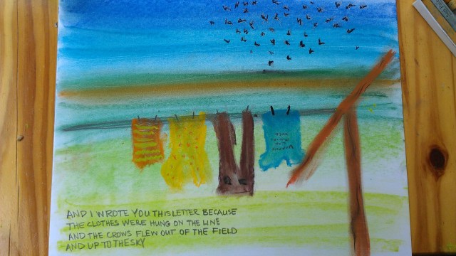 a drawing of a clothesline with crows flying up above it.